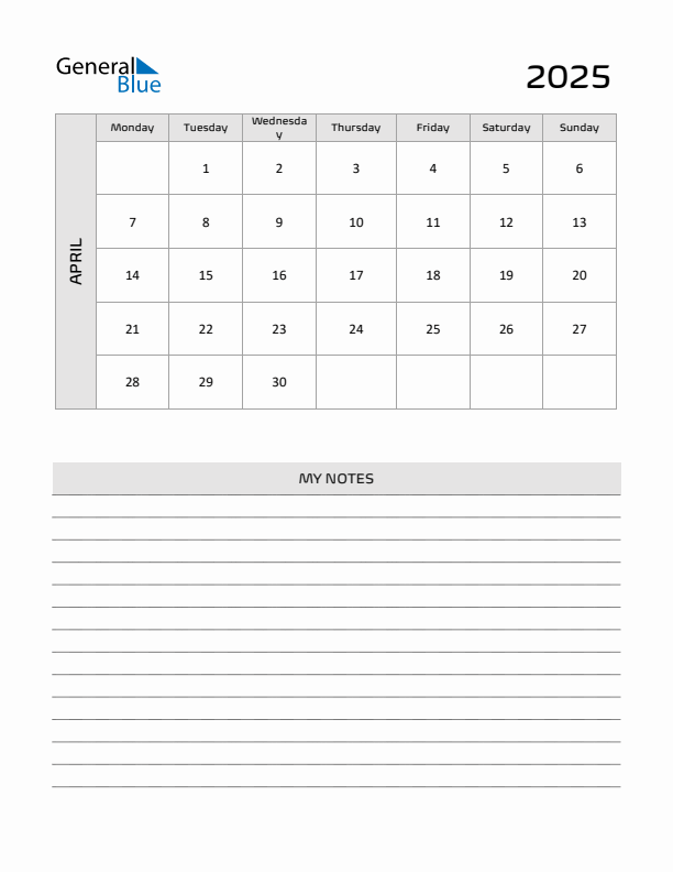 April 2025 Printable Monthly Calendar with Notes