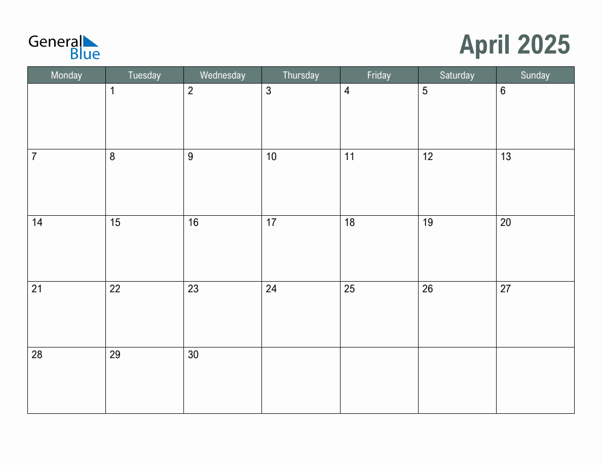 Blank April 2025 Monthly Calendar Template