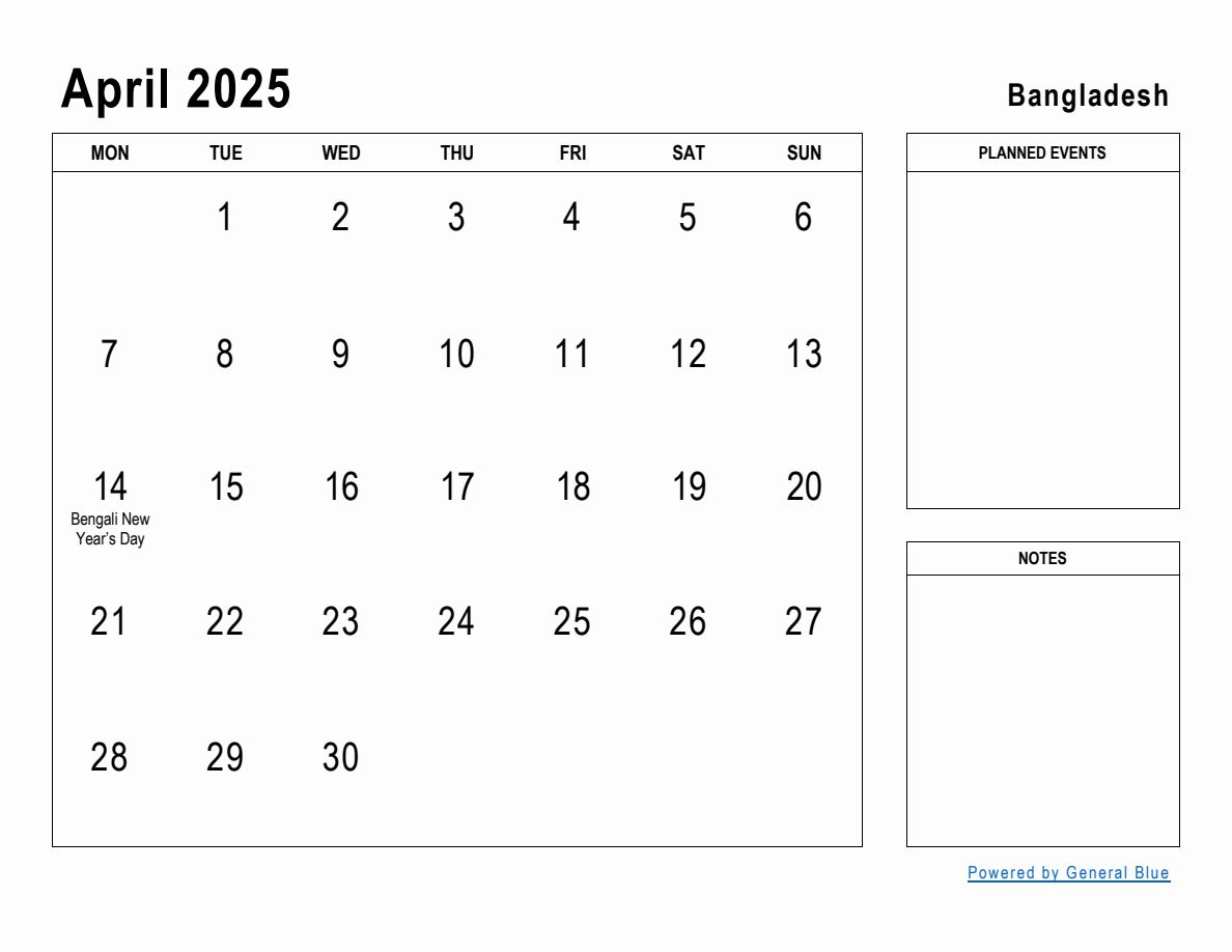 April 2025 Planner with Bangladesh Holidays