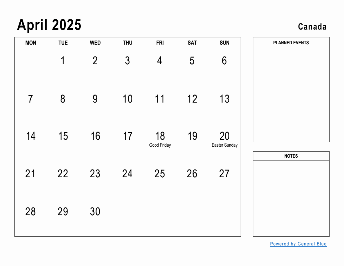 April 2025 Planner with Canada Holidays
