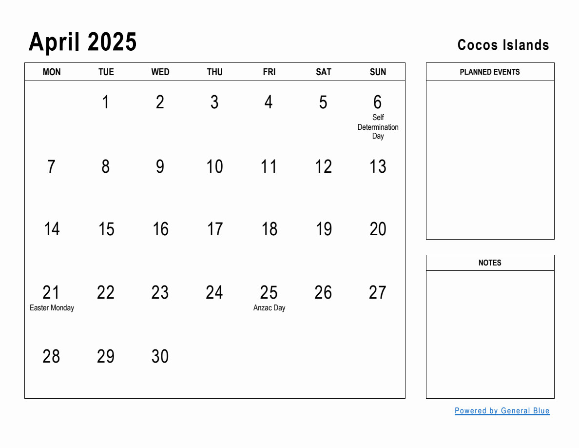 April 2025 Planner with Cocos Islands Holidays