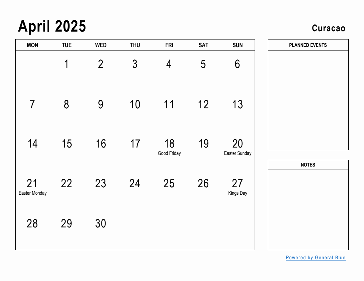 April 2025 Planner with Curacao Holidays