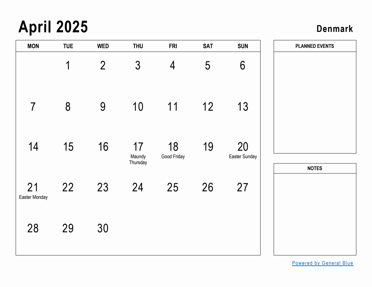 April 2025 Planner with Denmark Holidays