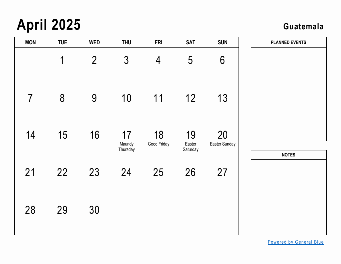 April 2025 Planner with Guatemala Holidays