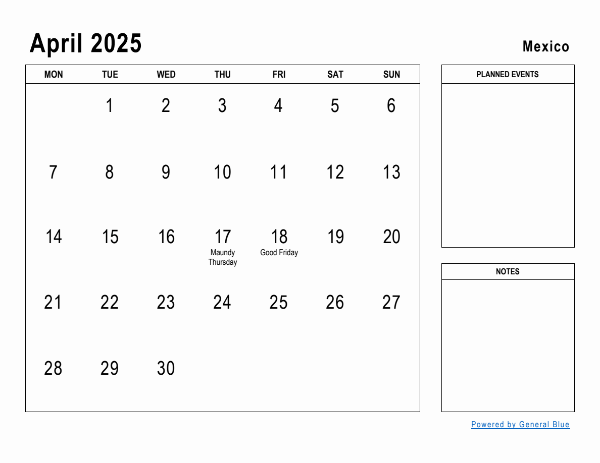 April 2025 Planner with Mexico Holidays