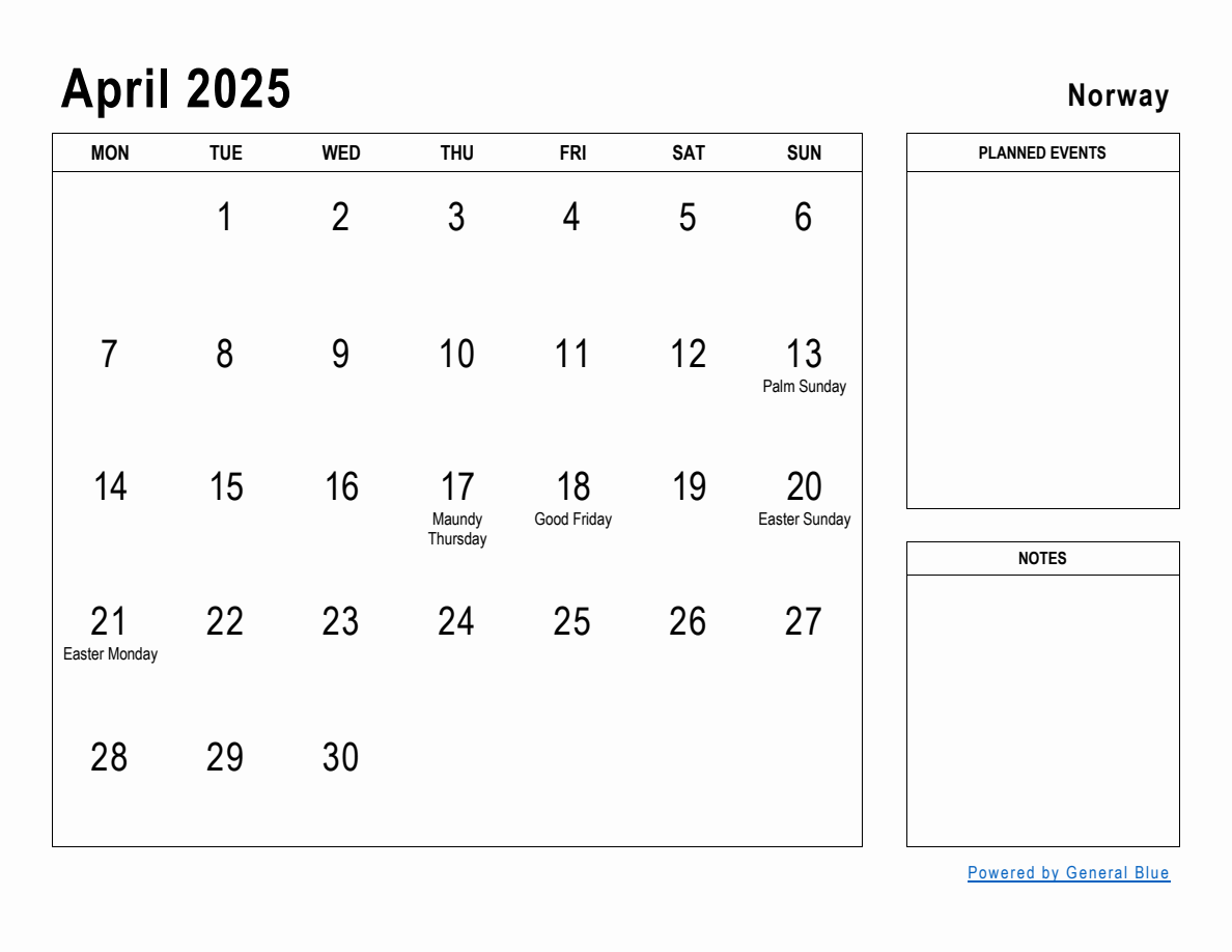 April 2025 Planner with Norway Holidays