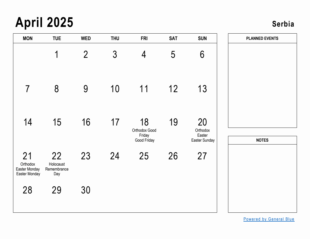April 2025 Planner with Serbia Holidays