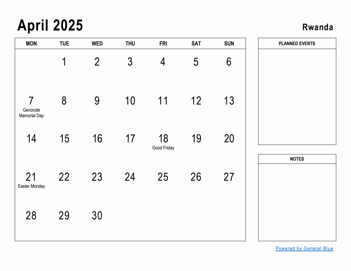 April 2025 Planner with Rwanda Holidays