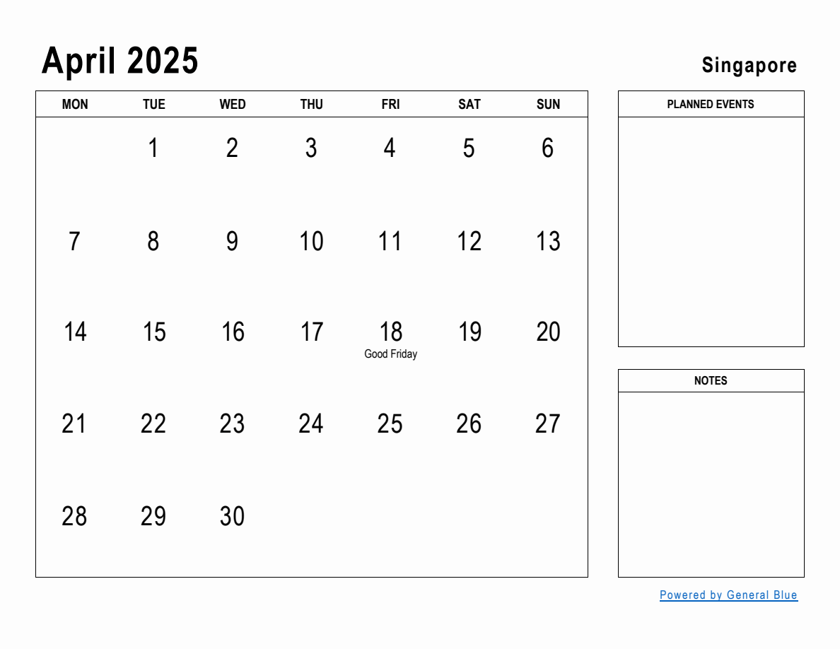 April 2025 Planner with Singapore Holidays