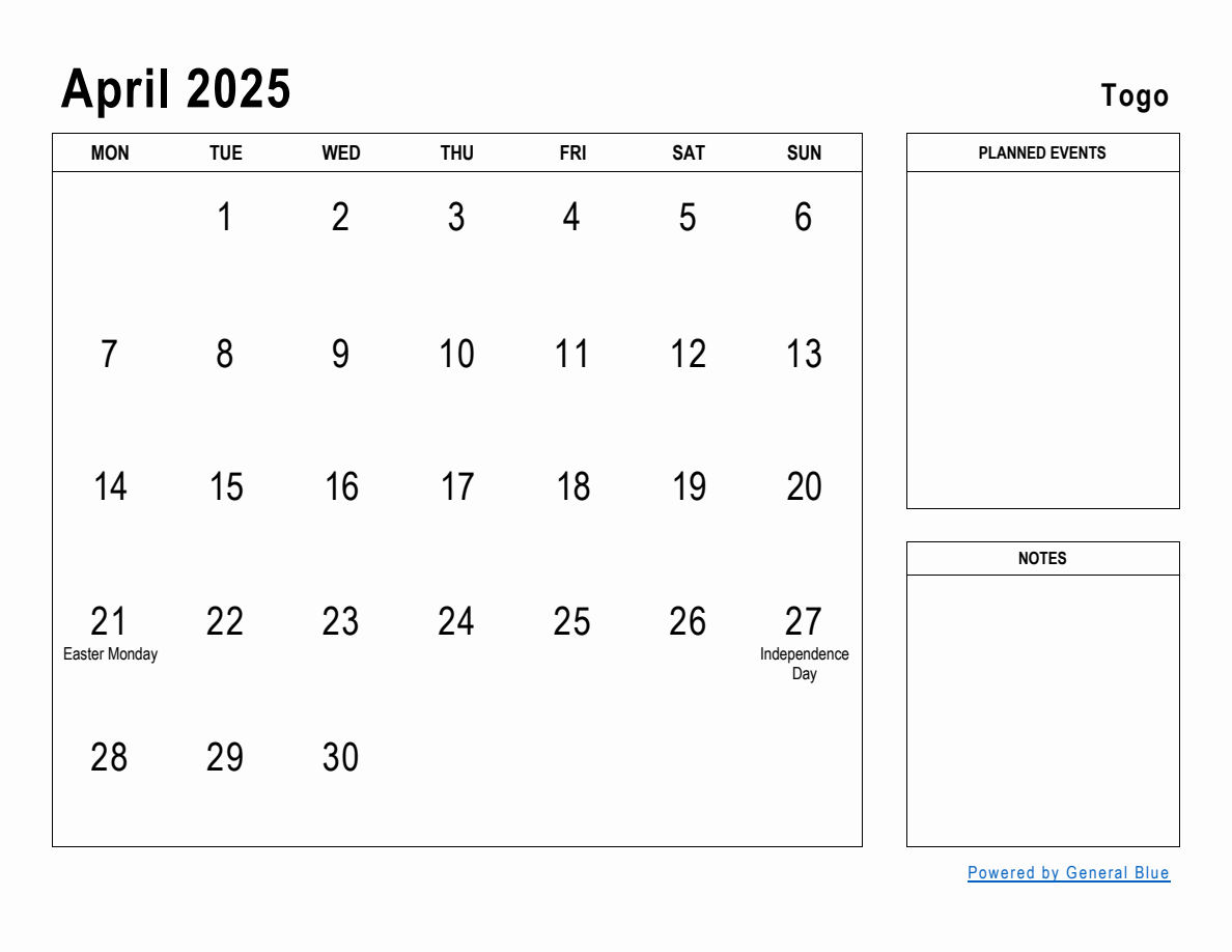 April 2025 Planner with Togo Holidays