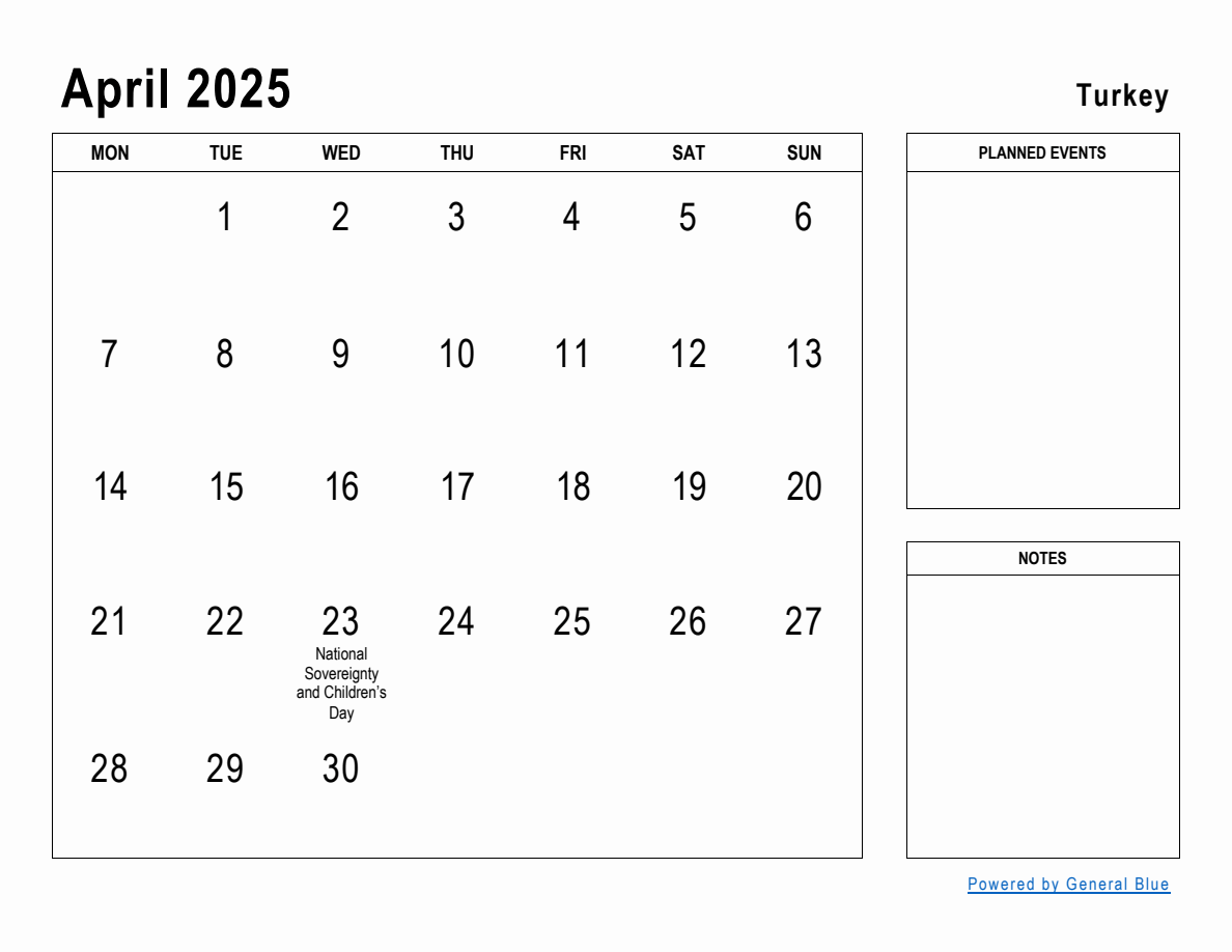 April 2025 Planner with Turkey Holidays