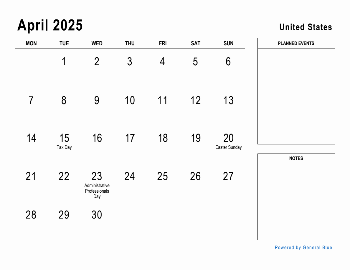 April 2025 Planner with United States Holidays