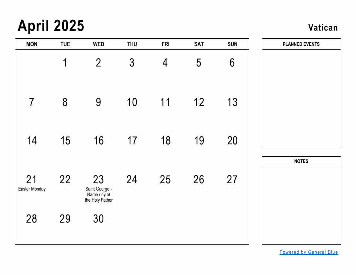 April 2025 Planner with Vatican Holidays