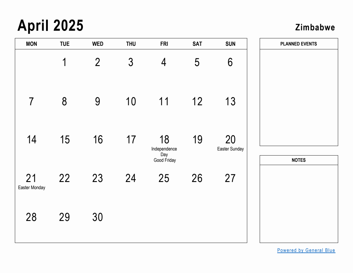 April 2025 Planner with Zimbabwe Holidays