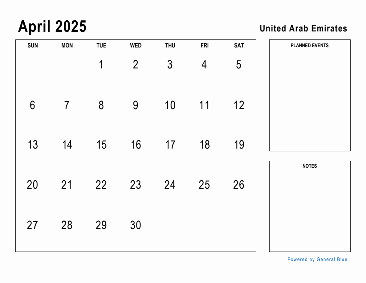 April 2025 Planner with United Arab Emirates Holidays