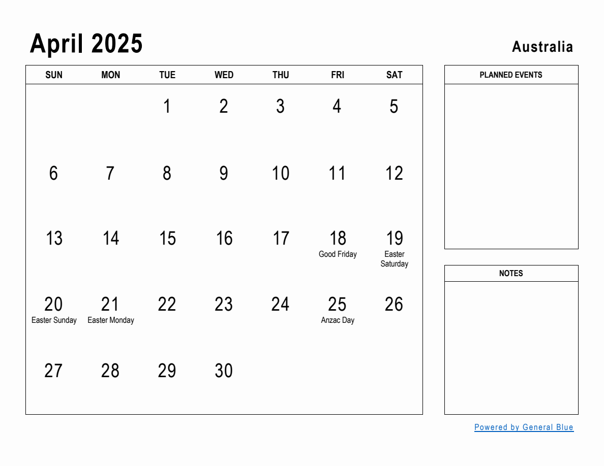 April 2025 Planner with Australia Holidays