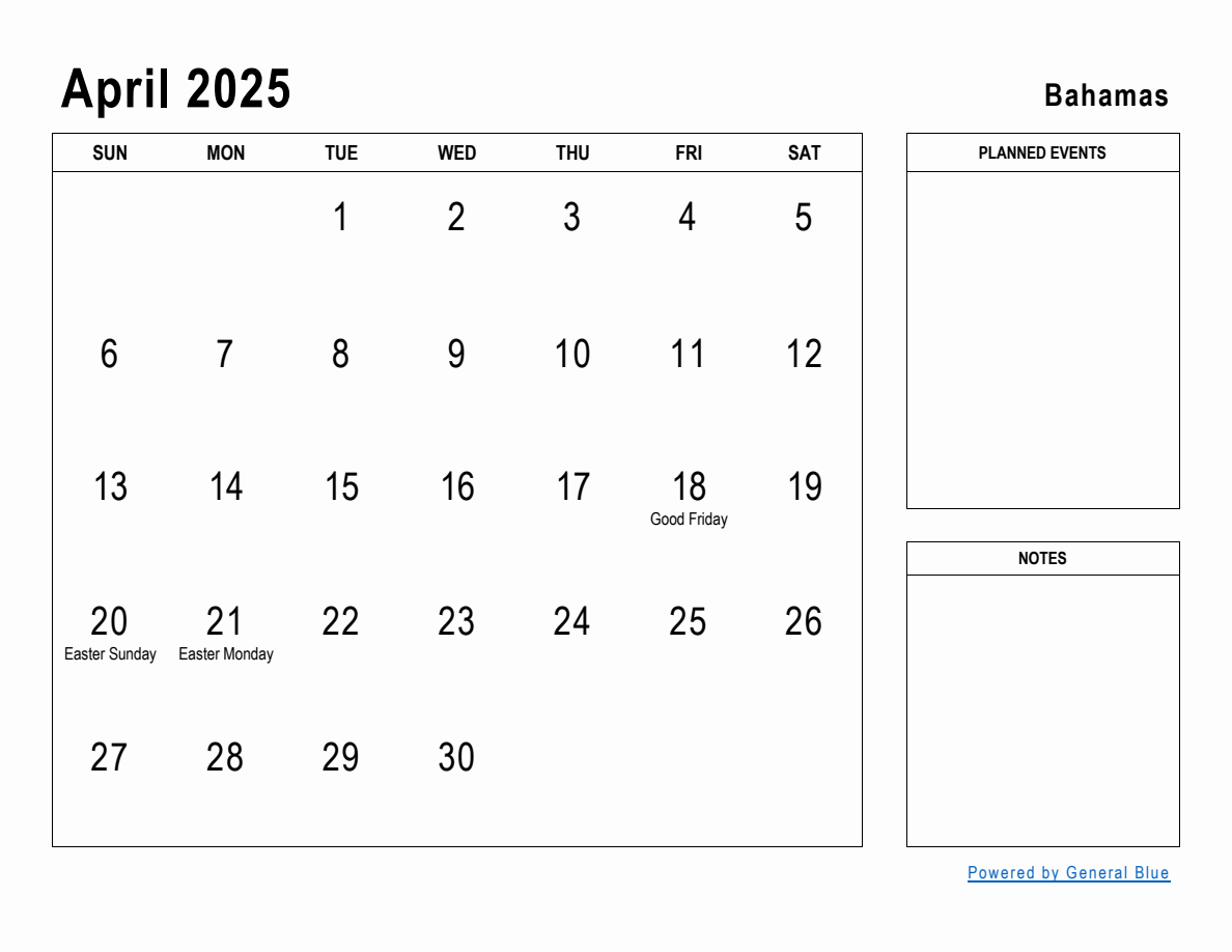 April 2025 Planner with Bahamas Holidays