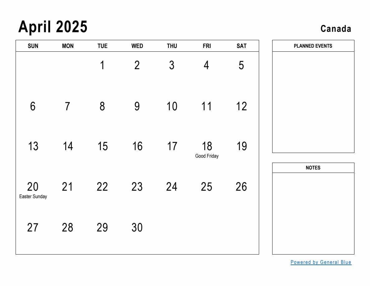 April 2025 Planner with Canada Holidays