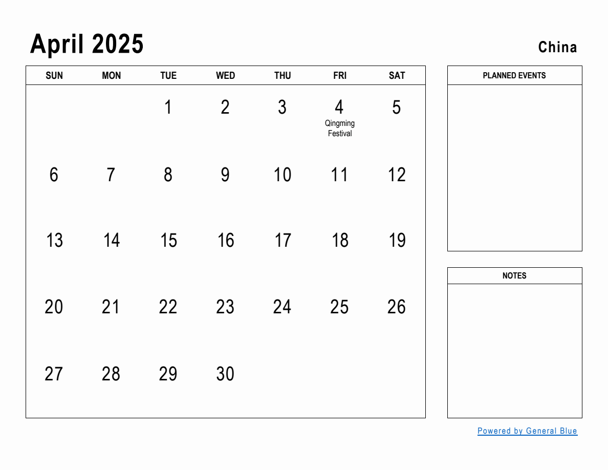 April 2025 Planner with China Holidays