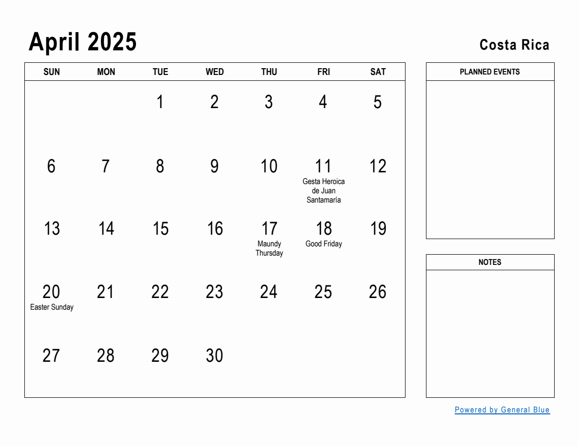 April 2025 Planner with Costa Rica Holidays