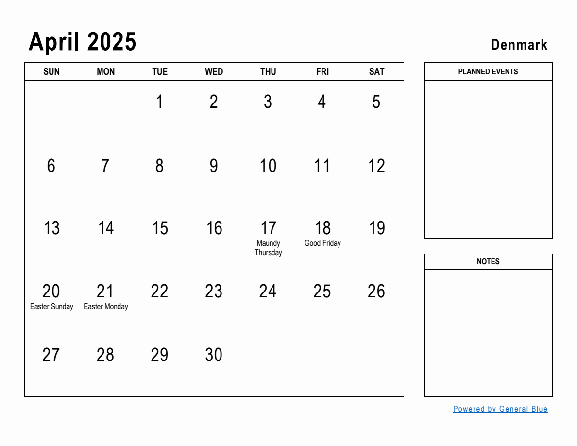 April 2025 Planner with Denmark Holidays