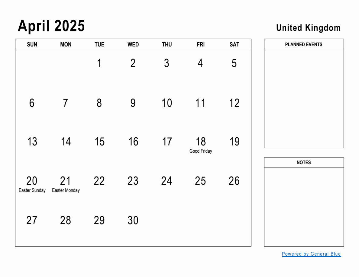 April 2025 Planner with United Kingdom Holidays