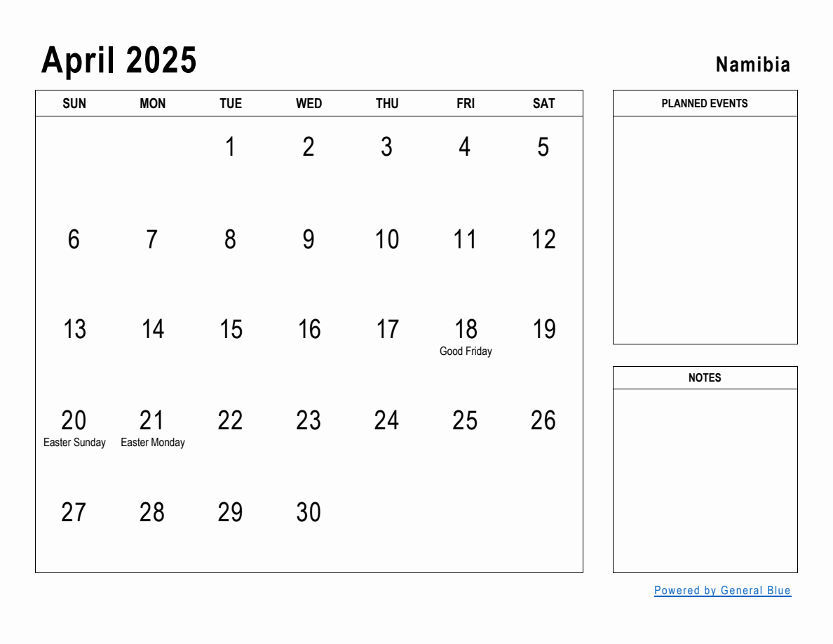 April 2025 Planner with Namibia Holidays