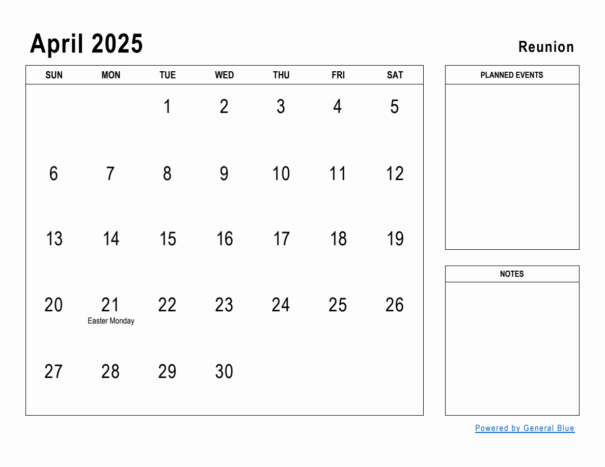 April 2025 Planner with Reunion Holidays