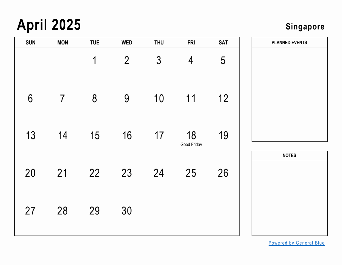 April 2025 Planner with Singapore Holidays