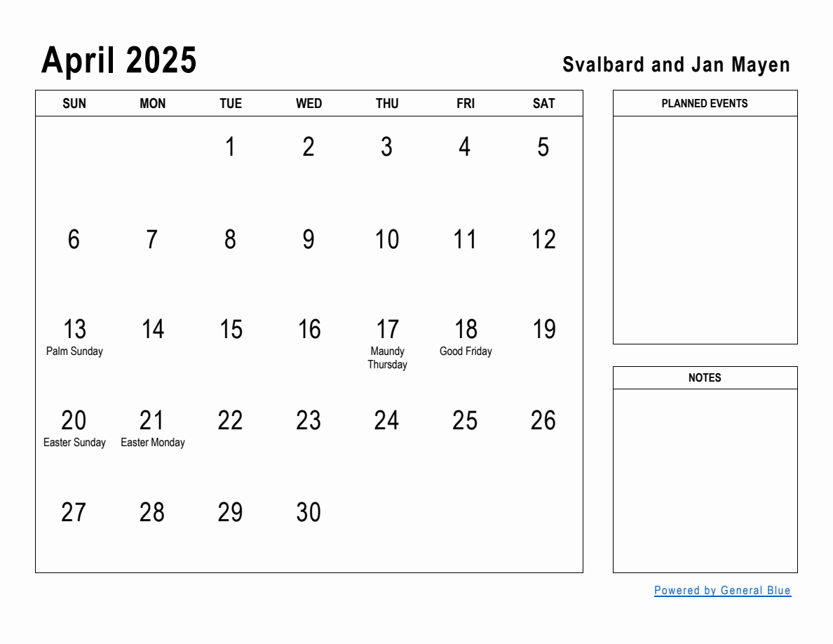 April 2025 Planner with Svalbard and Jan Mayen Holidays