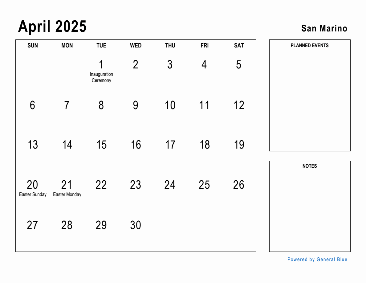 April 2025 Planner with San Marino Holidays