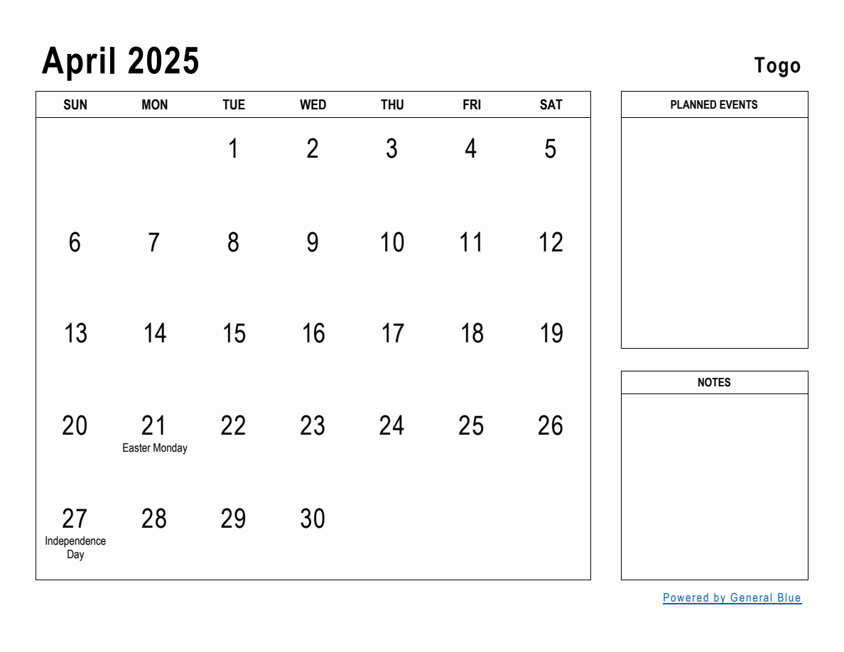 April 2025 Planner with Togo Holidays