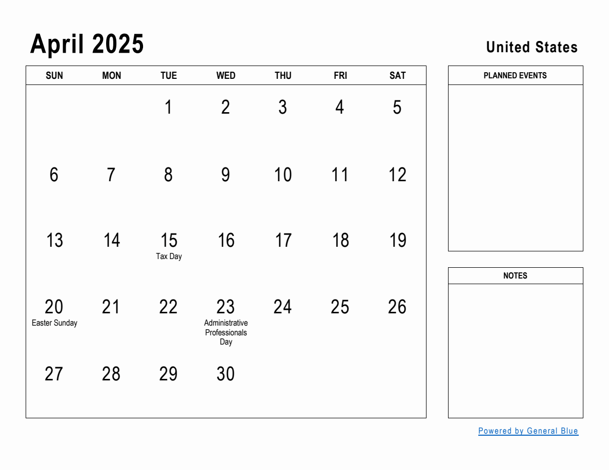 April 2025 Planner with United States Holidays