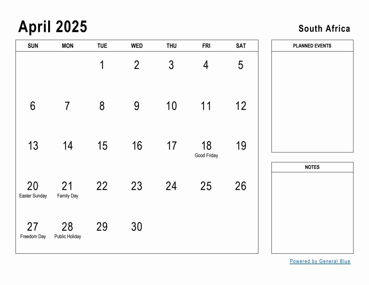 2025 April Calendar With Holidays South Africa Map