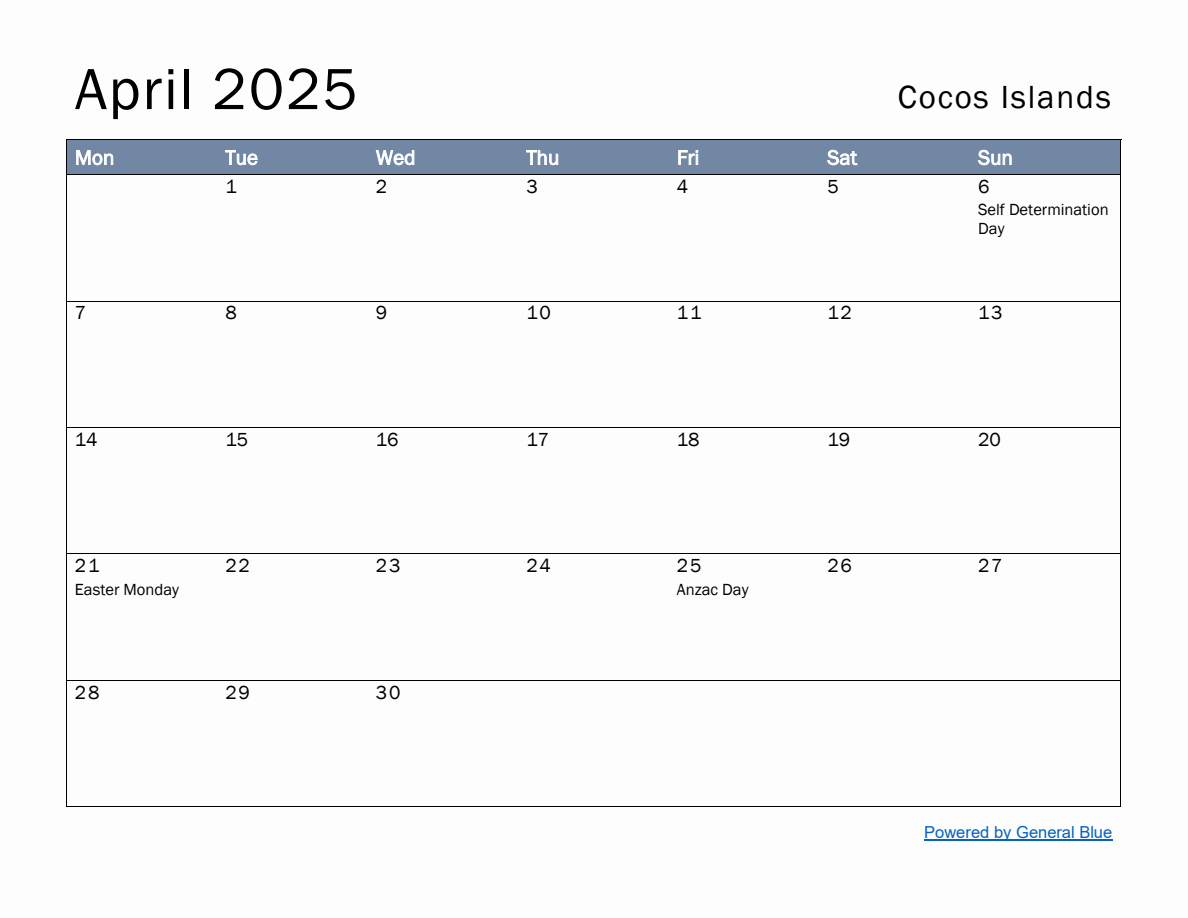 Free Monthly Calendar Template for April 2025 with Cocos Islands Holidays