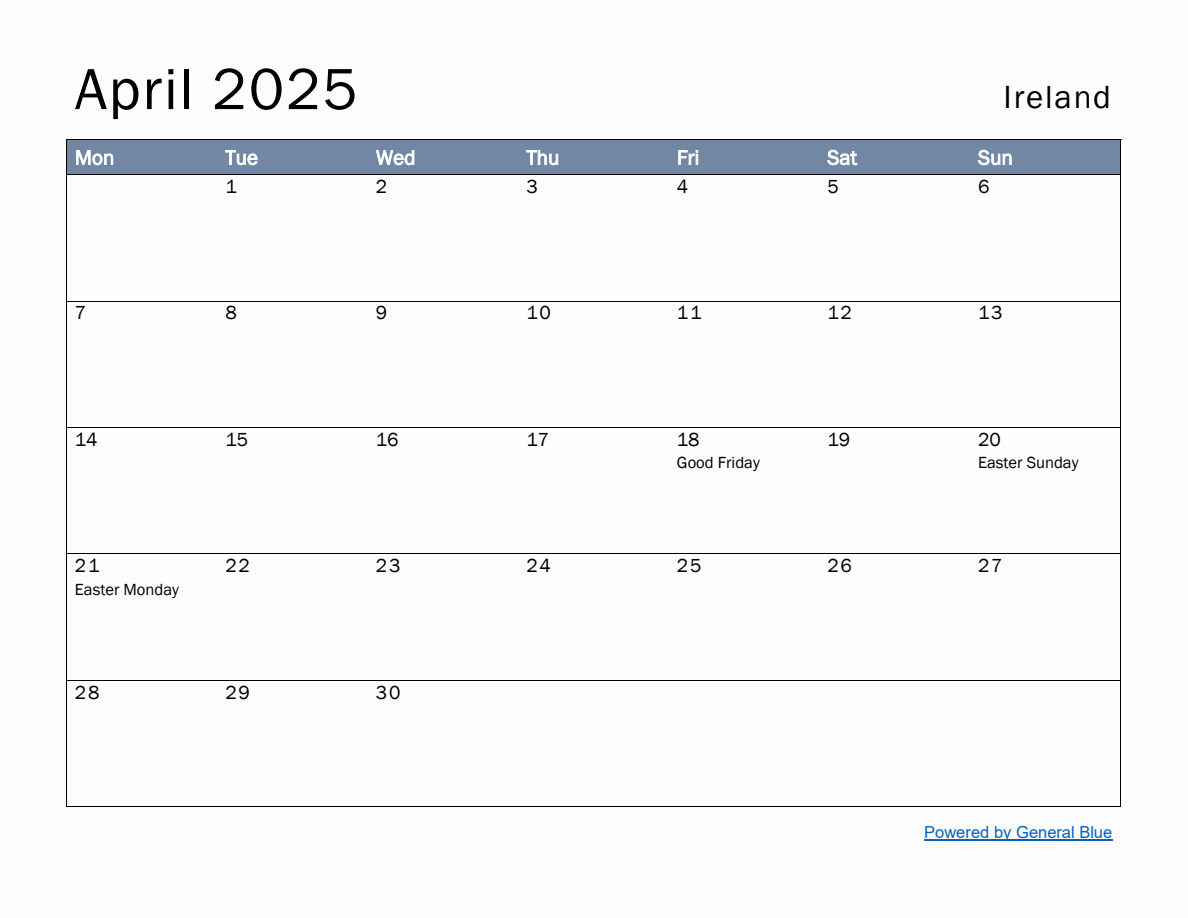 Free Monthly Calendar Template for April 2025 with Ireland Holidays