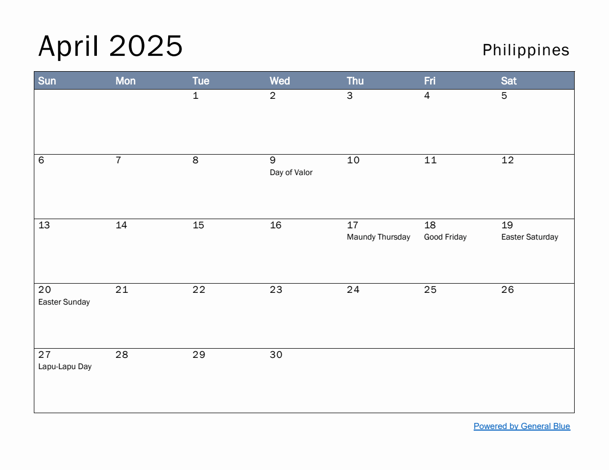 Free Monthly Calendar Template for April 2025 with Philippines Holidays