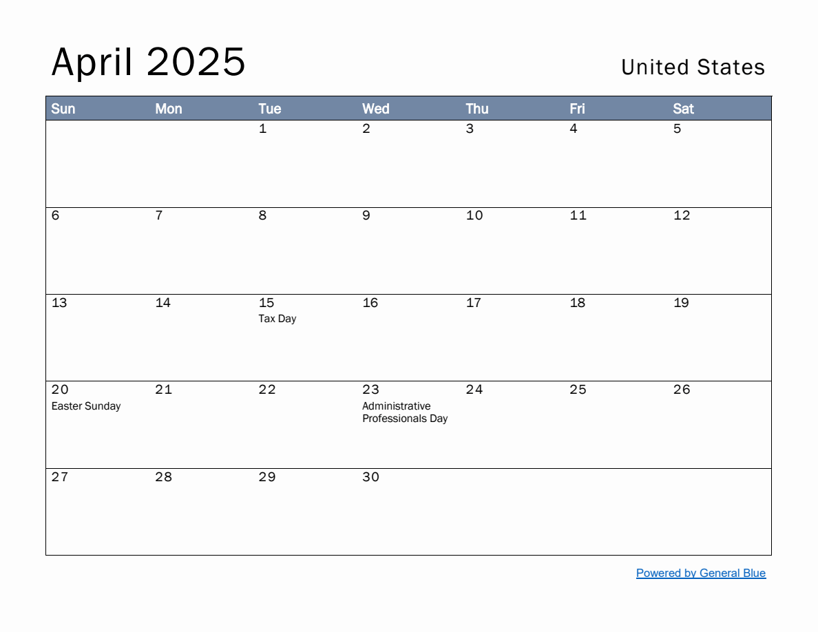 Free Monthly Calendar Template for April 2025 with United States Holidays