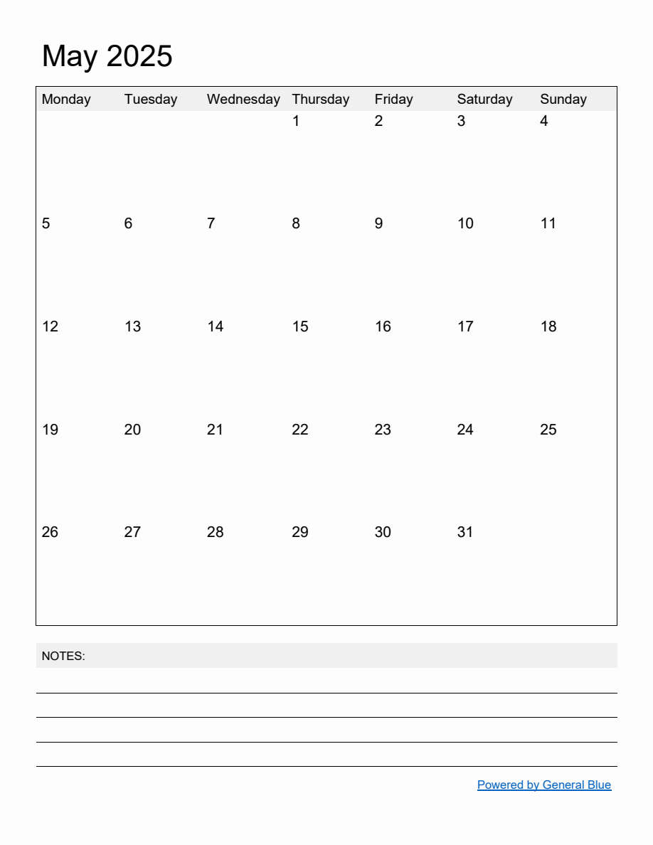 Free Printable Monthly Calendar for May 2025