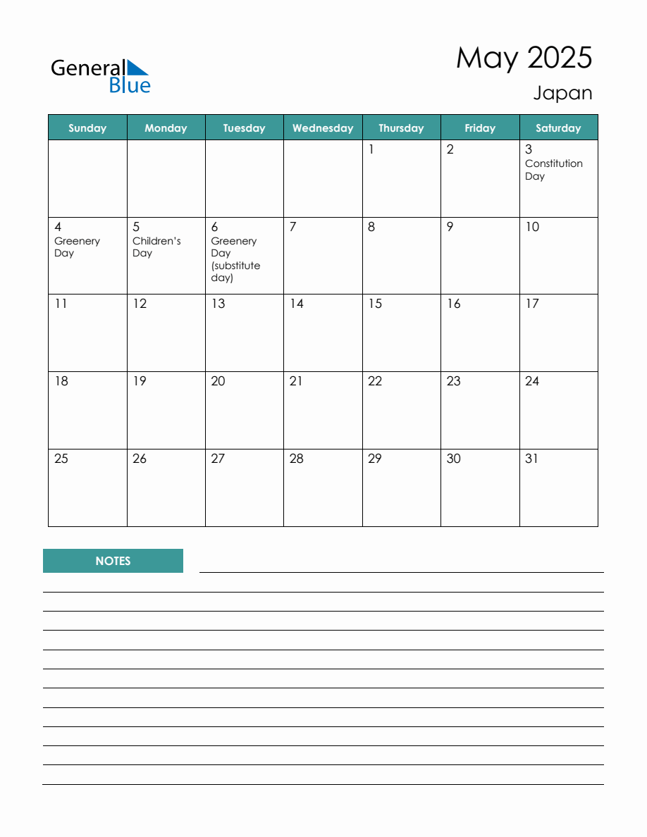 Monthly Calendar Planner with Japan Holidays May 2025