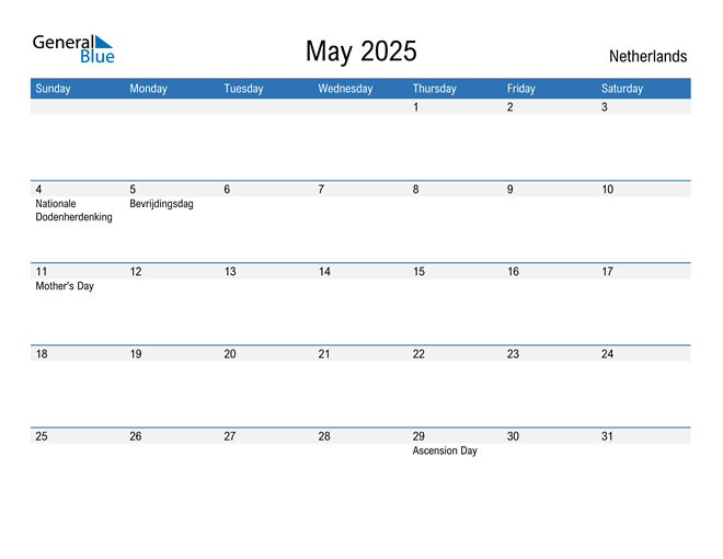 May 2025 Calendar with Netherlands Holidays