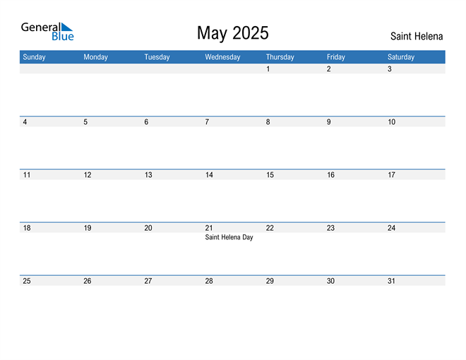 May 2025 Calendar with Saint Helena Holidays