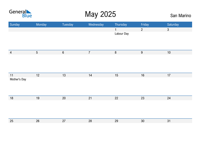 May 2025 Calendar with San Marino Holidays