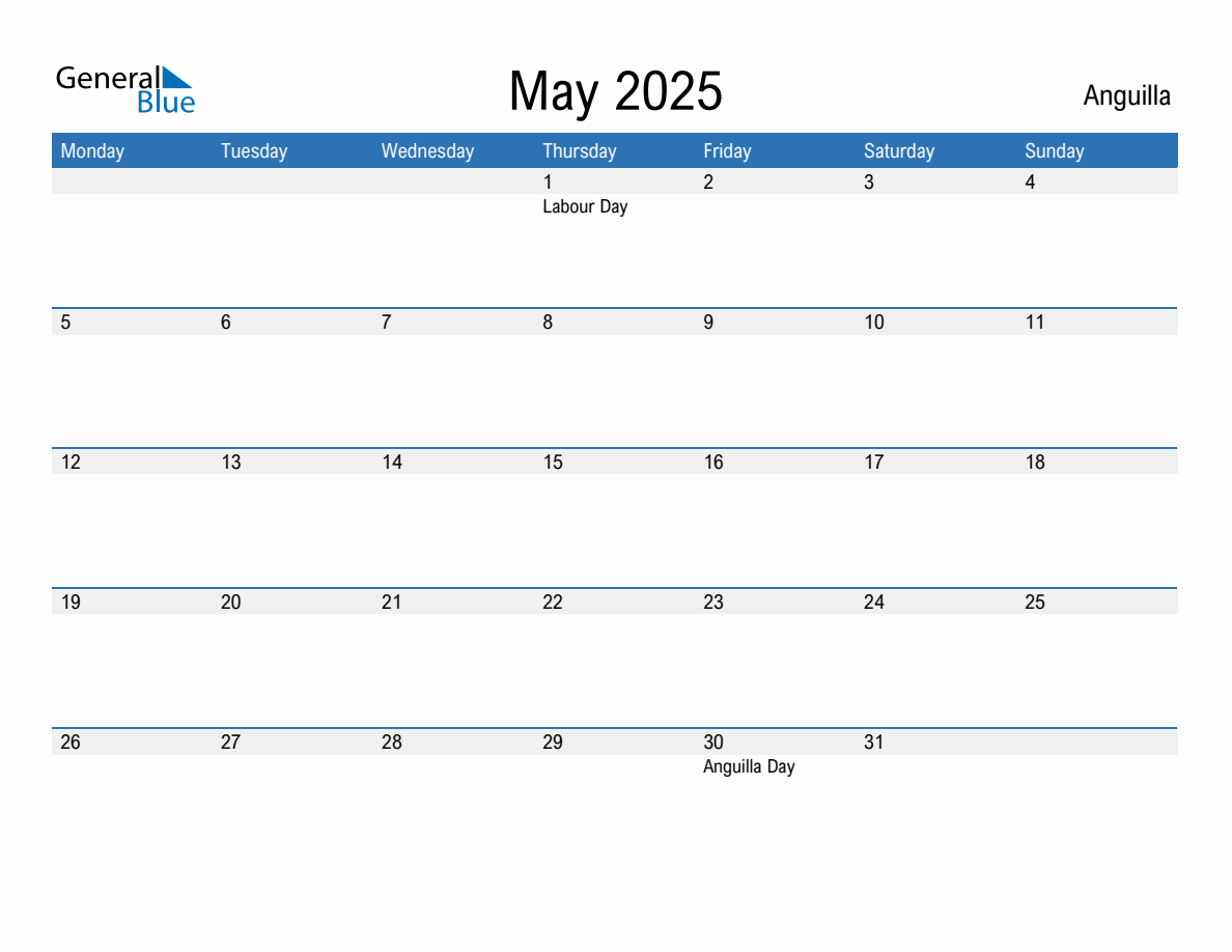 Editable May 2025 Calendar with Anguilla Holidays