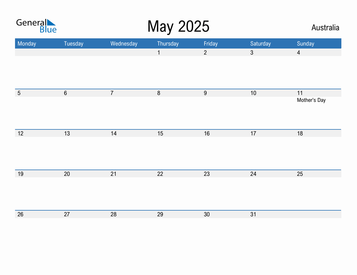 Editable May 2025 Calendar with Australia Holidays