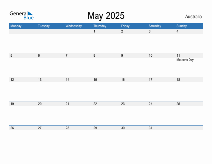 Editable May 2025 Calendar with Australia Holidays