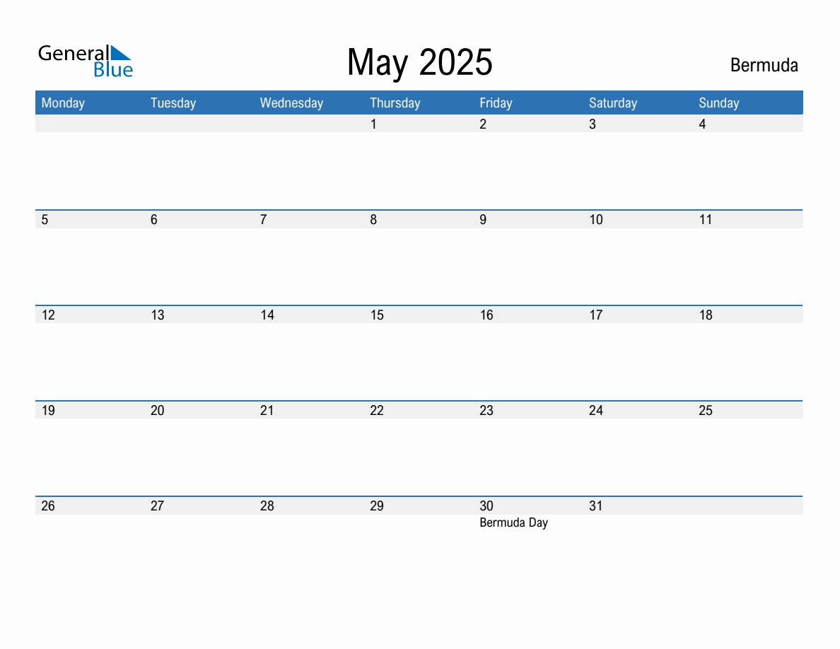 Editable May 2025 Calendar with Bermuda Holidays