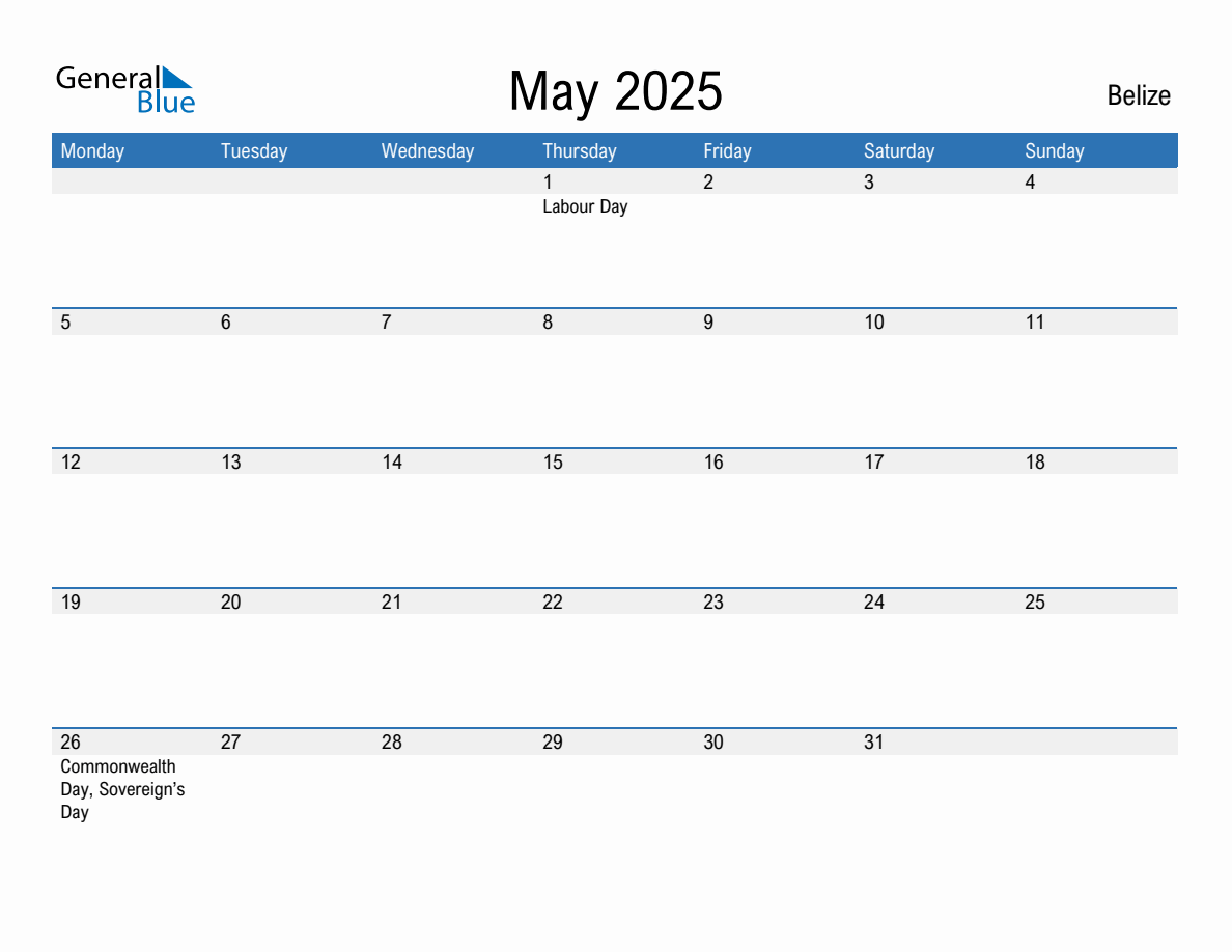 Editable May 2025 Calendar with Belize Holidays