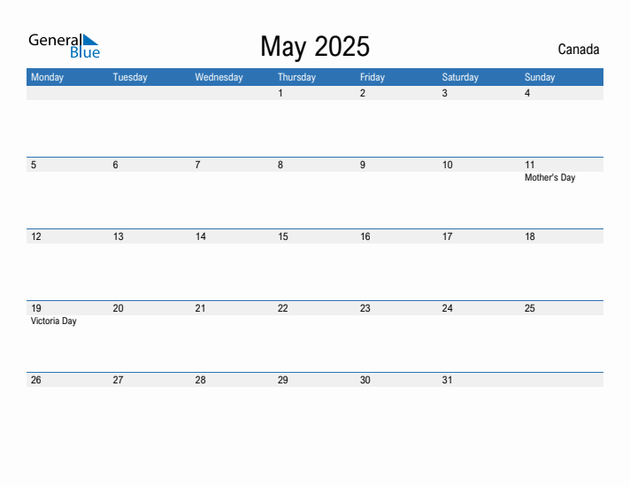 Editable May 2025 Calendar with Canada Holidays