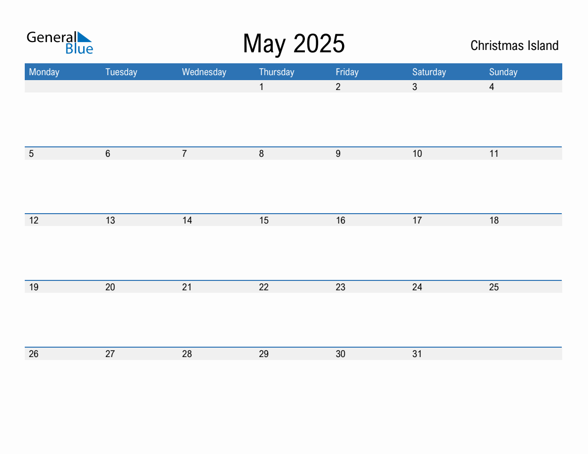 Editable May 2025 Calendar with Christmas Island Holidays